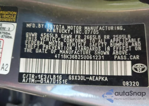 2005 Toyota Avalon Limited z USA, uszkodzony, nr VIN 4T1BK36B25U061231